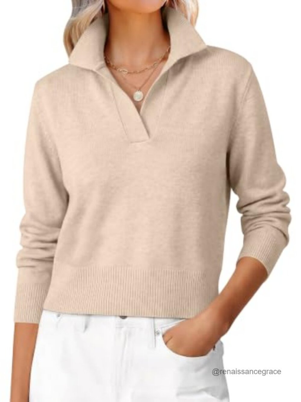 Women's Cropped Polo Collared Long Sleeve Pullover Sweater - Regular Fit